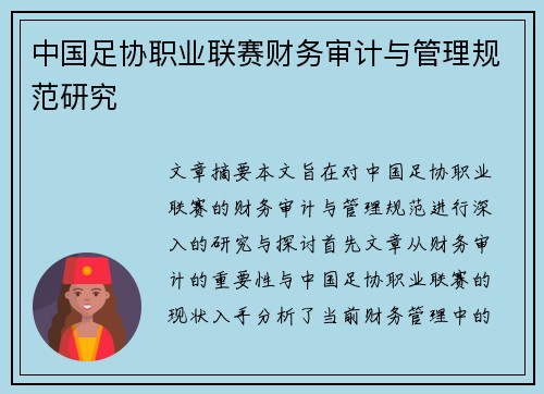 中国足协职业联赛财务审计与管理规范研究 中国足协职业联赛财务审计与管理规范研究